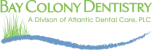 Bay Colony Dentistry logo in green text with a blue wave graphic and the subtitle 'A Division of Atlantic Dental Care, PLC'.