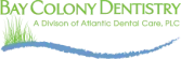 Bay Colony Dentistry logo in green text with a blue wave graphic and the subtitle 'A Division of Atlantic Dental Care, PLC'.