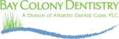 Bay Colony Dentistry logo in green text with a blue wave graphic and the subtitle 'A Division of Atlantic Dental Care, PLC'.